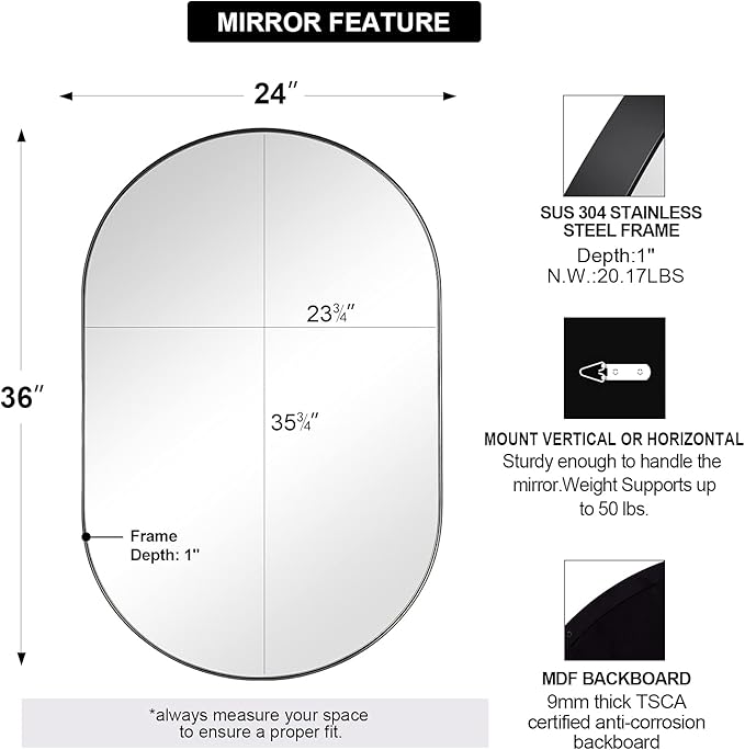 ANDY STAR Black Oval Mirror, 24x36 Oval Black Mirror in Stainless Steel Metal - Image 2