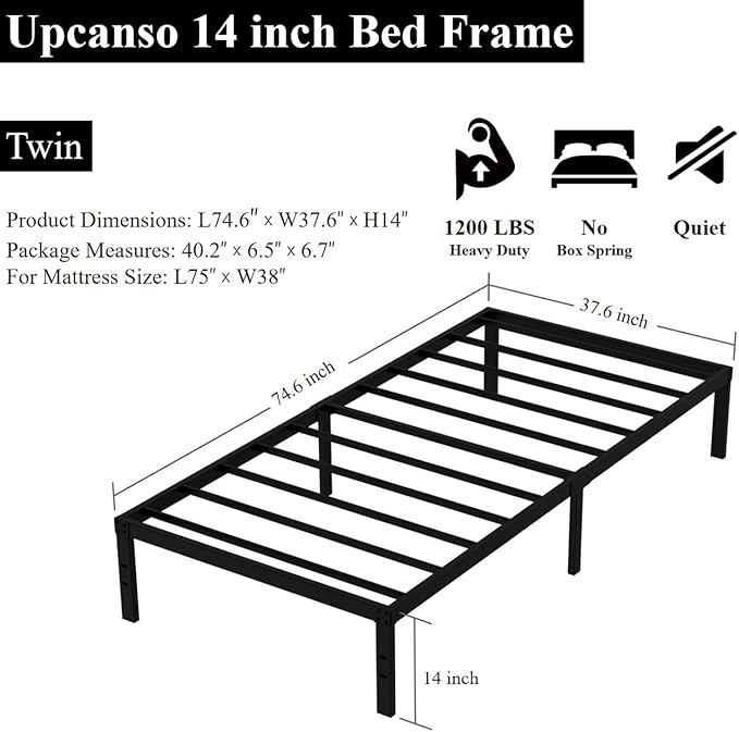 Twin Bed Frame No Box Spring Needed, 14 Inch Heavy Duty Metal Platform Bed - Image 3