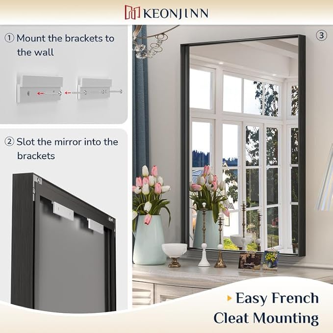 Keonjinn Black Mirror for Bathroom 20 x 30 Inch Brushed Framed Mirror, - Image 4
