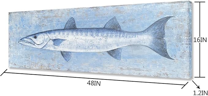Yihui Arts Blue and White Fish Canvas Wall Art – Coastal Paintings - Image 2