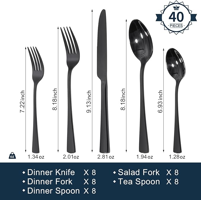 KINGSTONE Silverware Set for 8, 40-Piece Forged 18/10 Stainless Steel Flatware - Image 2