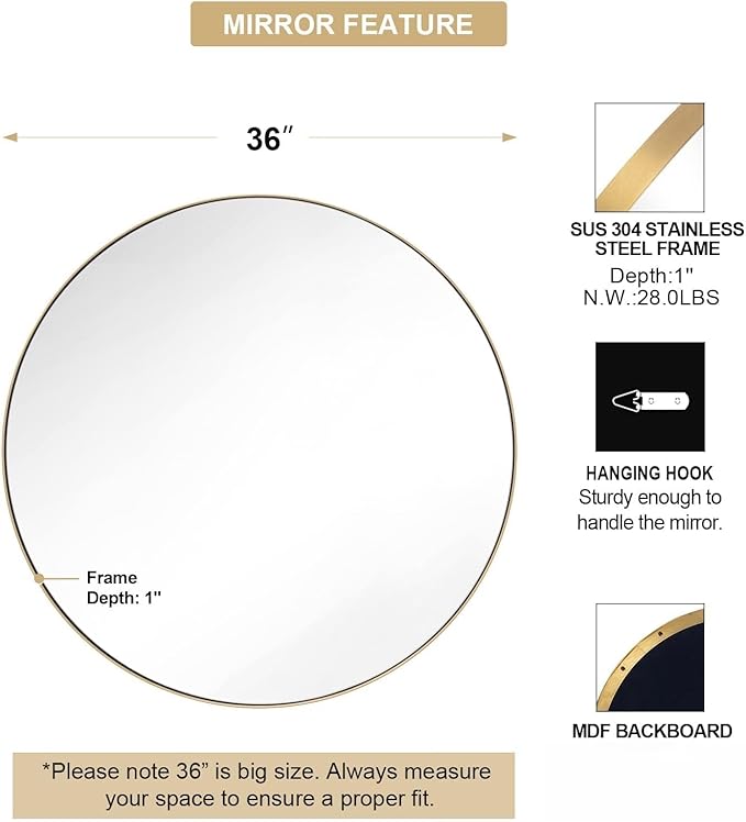 ANDY STAR Gold Round Mirror, 36’’ Brushed Gold Circle Bathroom Mirrors in - Image 2