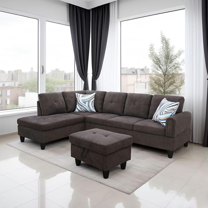 Dark Brown L-Shaped 3-Piece Flannel Sofa by Unknown