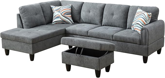 L Shaped Couch Modern Sectional Couch Upholstered Fluffy Fabric 3 Pieces Sofas - Image 3
