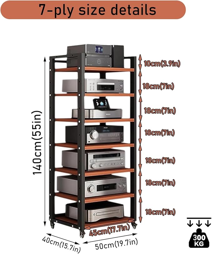 7 Tier Audio Rack Tower, CD Record Player Stereo Receiver AV Equipment Cabinet - Image 2