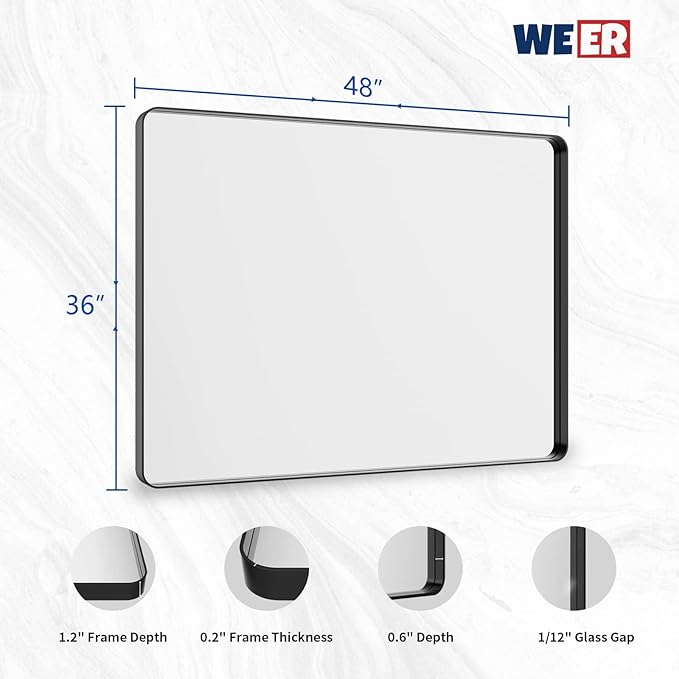 WEER Black Bathroom Mirror 48X36 Inch, Matte Black Bathroom Vanity Mirror - Image 6