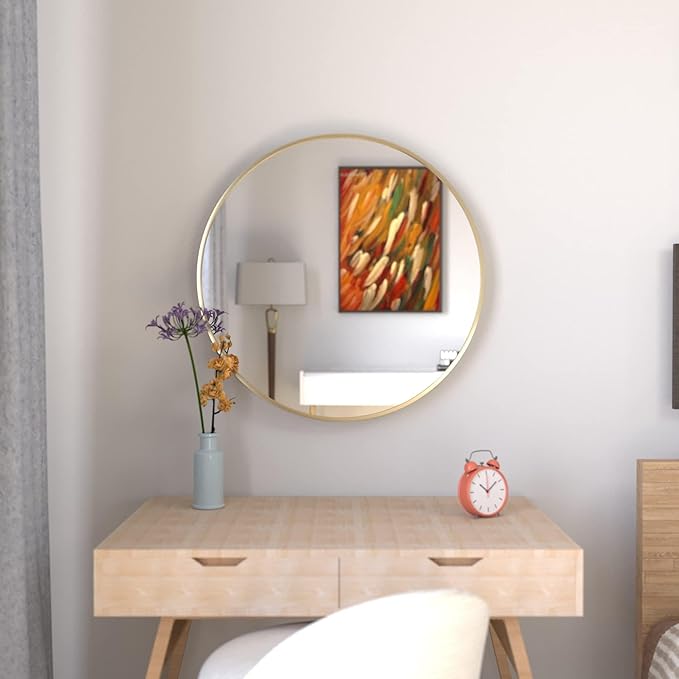 28 inch Gold Circle Wall Mirror, Brushed Brass Golden Metal Framed Round Mirror - Image 2