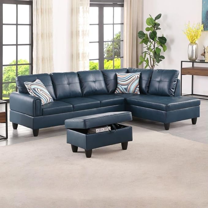 Denim L-Shaped 3-Piece Faux Leather Sofa by Unknown