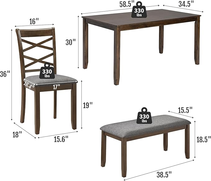 6-Piece Solid Wood Dining Table Set, Includes 1 Dining Table, 4 Upholstered - Image 2