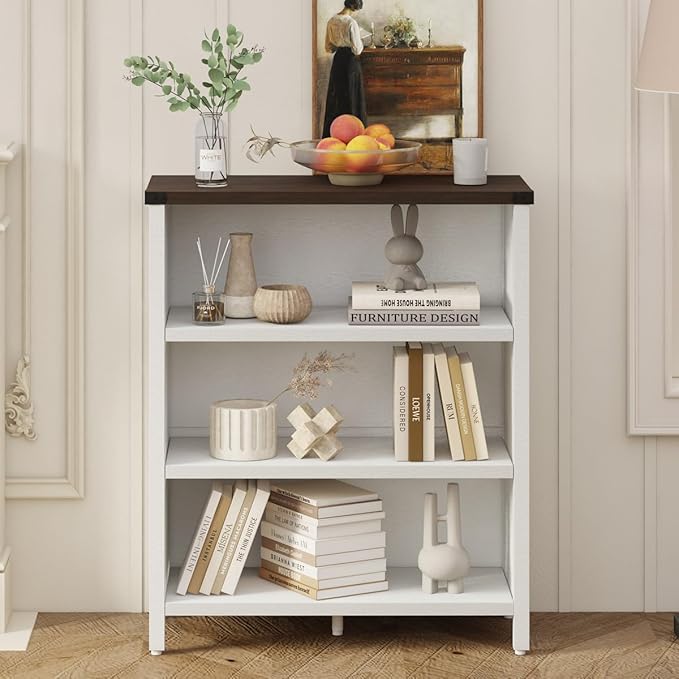 BON AUGURE Small Bookshelf for Small Space, 3 Tier Bookcase, Farmhouse Wood Low - Image 5