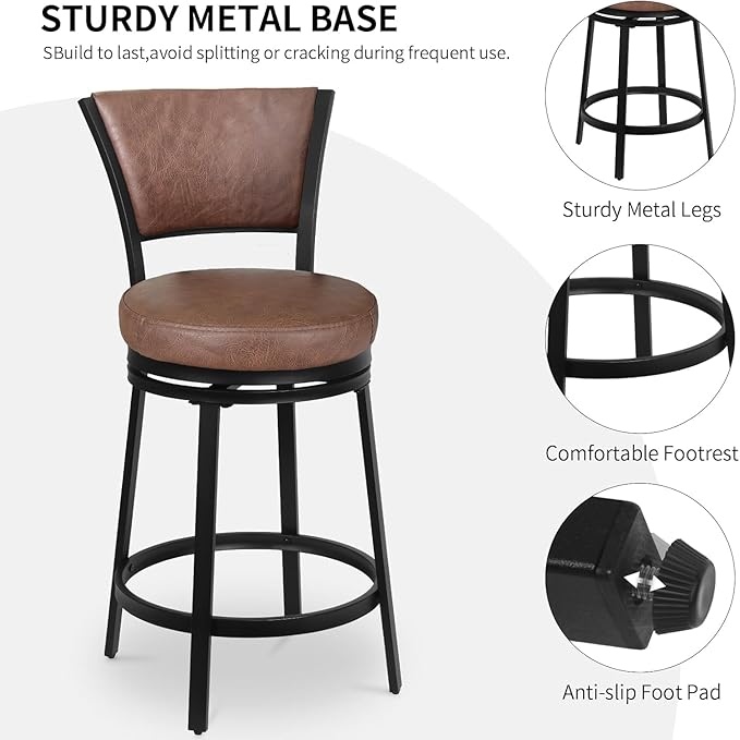 Bar Stools Set of 2, 25 Inch Metal Counter Height Bar Chairs, Modern Faux - Image 6