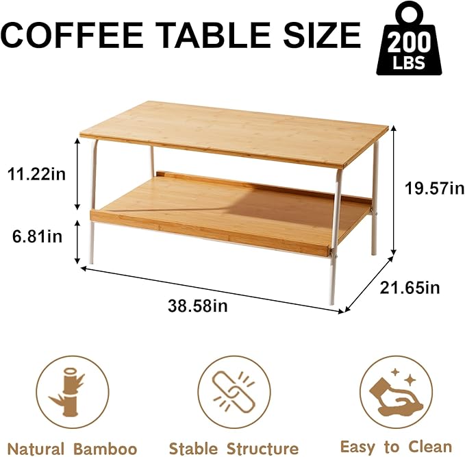 Coffee Table with 2 Tier Storage- Farmhouse Bamboo Coffee Tables, Mid Century - Image 2