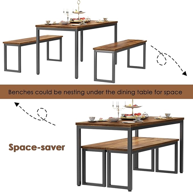 soges Kitchen Table Set with 2 Benches, Bench Dining Table Set - Image 4