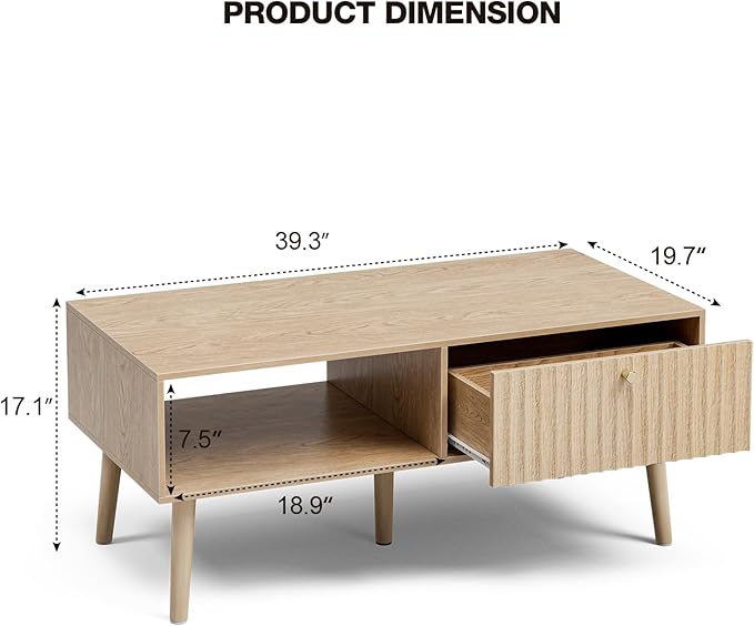 Coffee Table with Storage, Boho Dining Table with Fluted Drawer and Solid Wood - Image 2