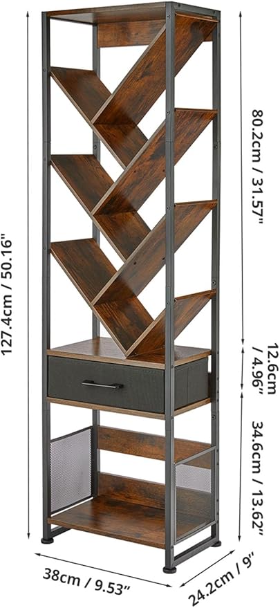 Bookshelf with Drawer, 10 Tier Tree Bookcase Retro Floor Standing Bookshelves - Image 2