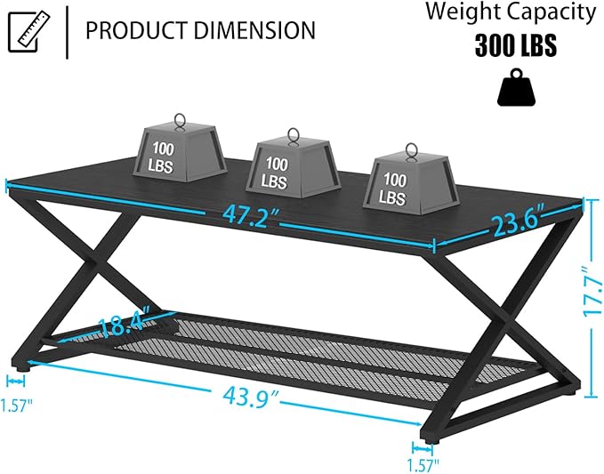 LVB Black Coffee Table, Wood Metal 2 Tier Center Tables - Image 2