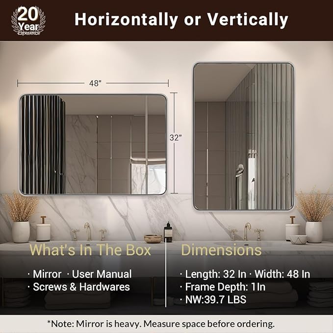 ANDY STAR 48x32 Inch Chrome Bathroom Mirror, Chrome Bathroom Vanity Mirror - Image 2