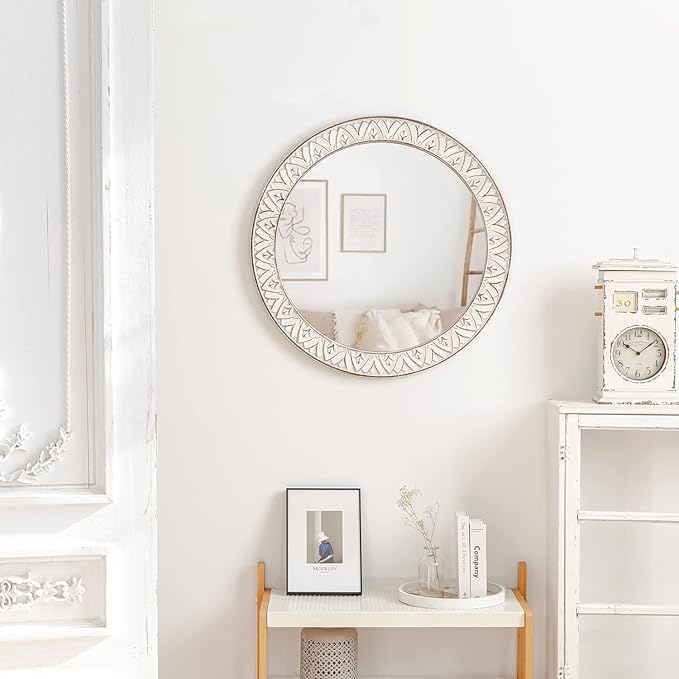 20" Round Rustic Mirror Wooden Frame Circle Mirrors, Distressed Wall Mounted - Image 2