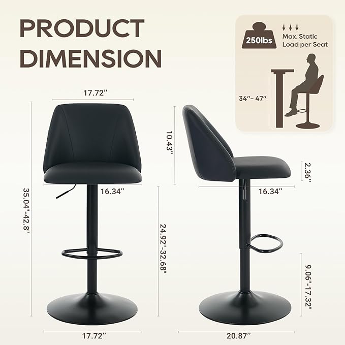 COLAMY Bar Stools Set of 2, Modern Swivel Bar Chairs, Adjustable PU Leather - Image 2