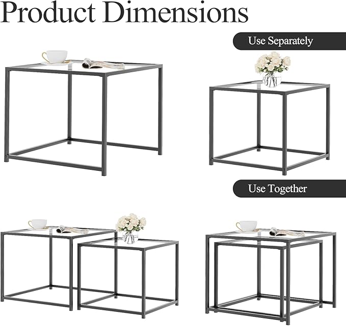 Garden 4 you Coffee Table Set of 2, Modern Glass Nesting Table, Metal Frame - Image 7