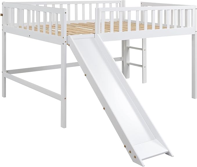 Full Size Low Loft Bed with Ladder and Slide, Vertical Design Wooden Bed Frame - Image 5