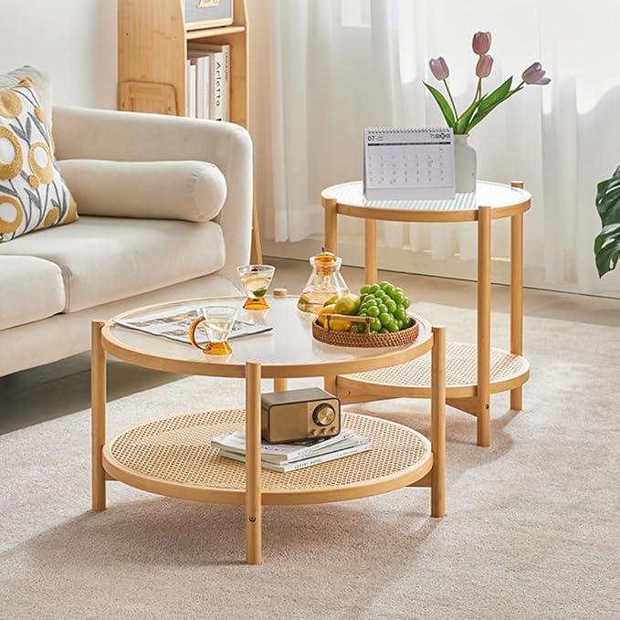 Tiita Rattan Coffee Table, Large Round End Table, 27.6 Inch Modern Side Table - Image 2