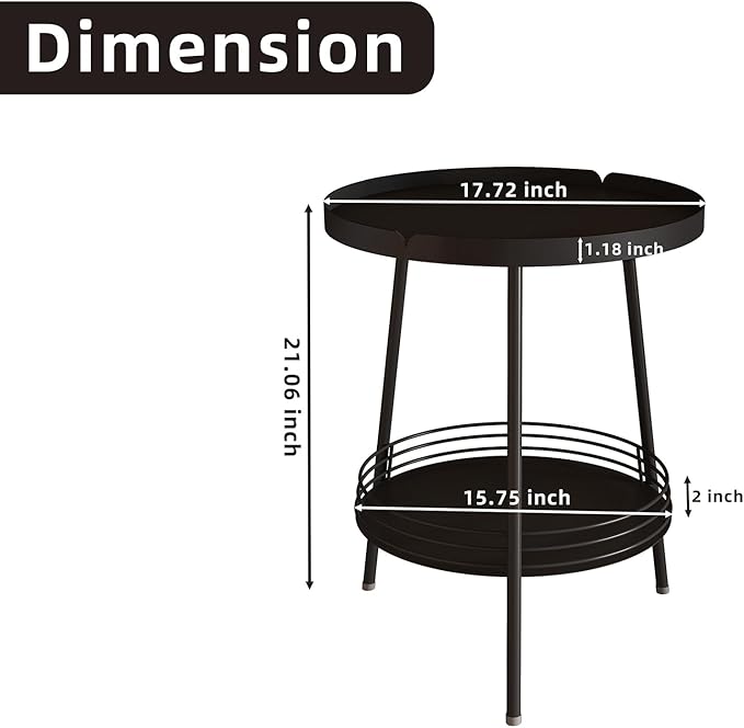 Benkyo 2 Tier Black Metal Round Side Table Tiered Two Shelf Storage Coffee Sofa - Image 3