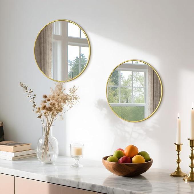 12 Inch Gold Round Bathroom Mirror Circle Wall Mirrors Brushed Metal Frame - Image 2