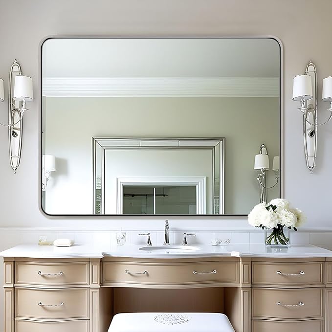 ANDY STAR 48x36 Inch Brushed Nickel Bathroom Mirror, Rounded Rectangle Bathroom - Image 9