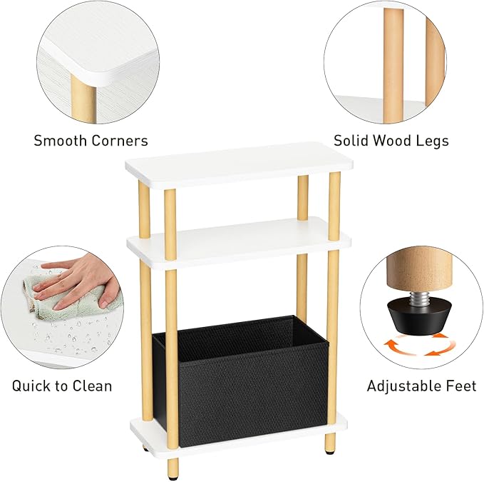 Narrow Side Table with Fabric Basket, 3 Tier Skinny End Table with Wood Legs - Image 6