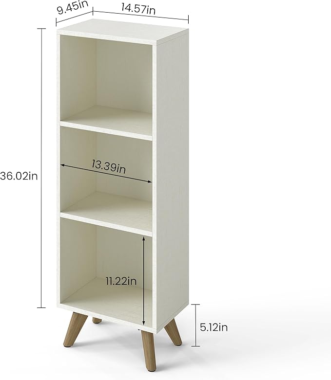 Manora Small Bookcase with 3 Open Shelves, Modern White Bookshelf with Wooden - Image 3