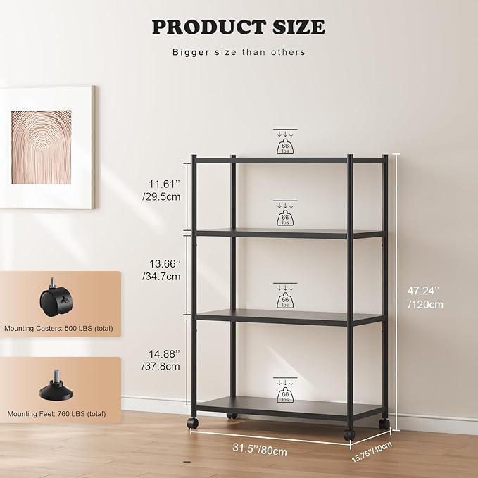 ZZL 4 Tier Bookshelf 31.49" Width, Book Organizers and Storage w/Wheels - Image 2