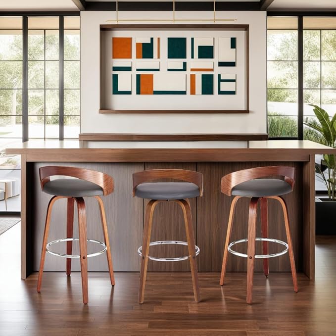Armen Living Sonia 30" Bar Height Swivel Gray Faux Leather and Walnut Wood Bar - Image 2