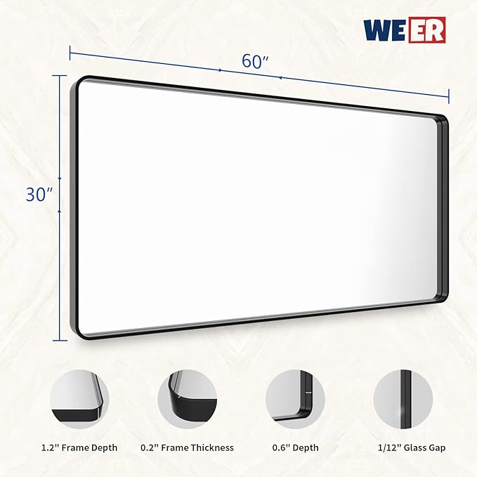 WEER Black Bathroom Mirror for Wall 60X30 Inch, Rectangular Black Metal Framed - Image 6