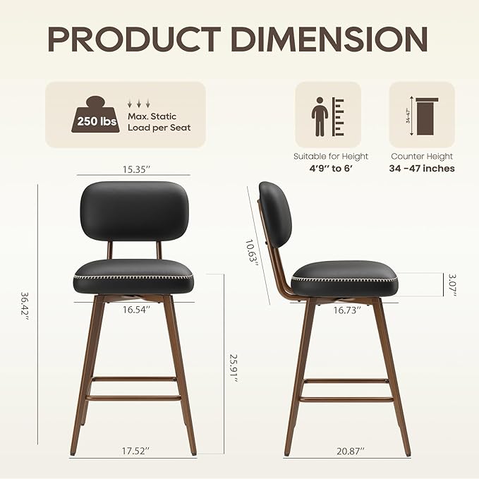 Swivel Bar Stools Set of 3, Mid Century PU Leather Counter Height Bar Chairs - Image 2