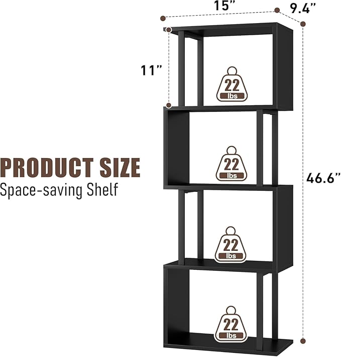 Gadroad 4-Tier Bookshelf, Narrow S-Shaped Geometric Bookcase, Wood Decorative - Image 5
