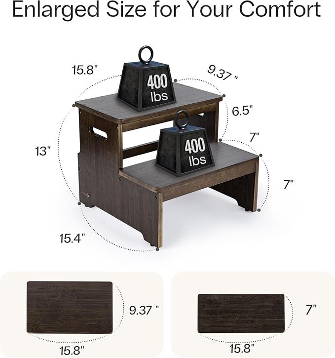 StrongTek Bed Step Stool for High Beds, Large Surface Bamboo 2-Step Stool for - Image 4