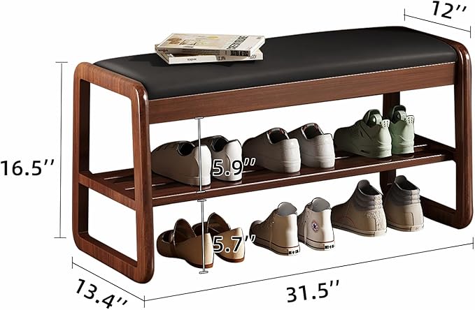 Wooden Shoe Storage Bench with Padded Top Cushion, Two-Tier Wooden Shoe Rack - Image 2
