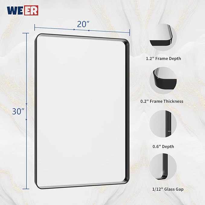 WEER Black Bathroom Mirror for Wall 20X30 Inch, Rectangular Black Metal Framed - Image 6