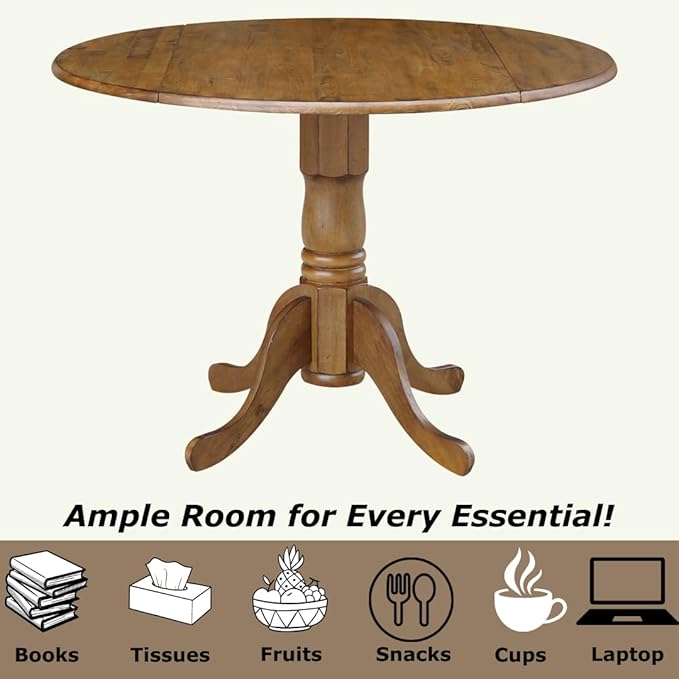 42" Round Dual Drop Leaf Pedestal Dining Table Solid Wood, Easy Assembly - Image 4