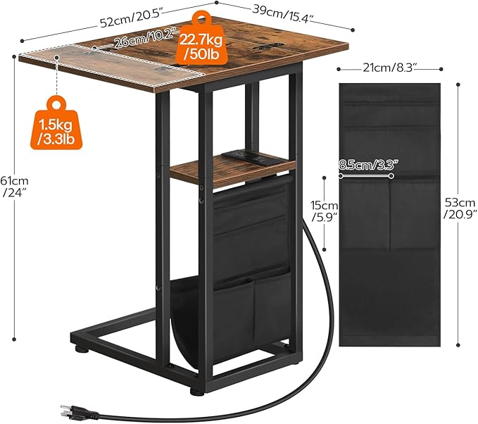 HOOBRO Foldable End Table with Charging Station, C Shaped Side Table with - Image 3