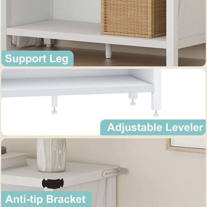 BON AUGURE White Bookcase, 3 Shelf Bookshelf, Farmhouse Wooden Book - Image 5