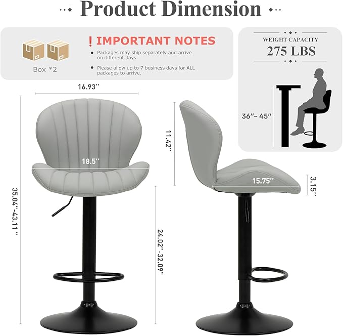 COLAMY Bar Stools Set of 4, Modern Swivel Bar Chairs, Adjustable Faux Leather - Image 2