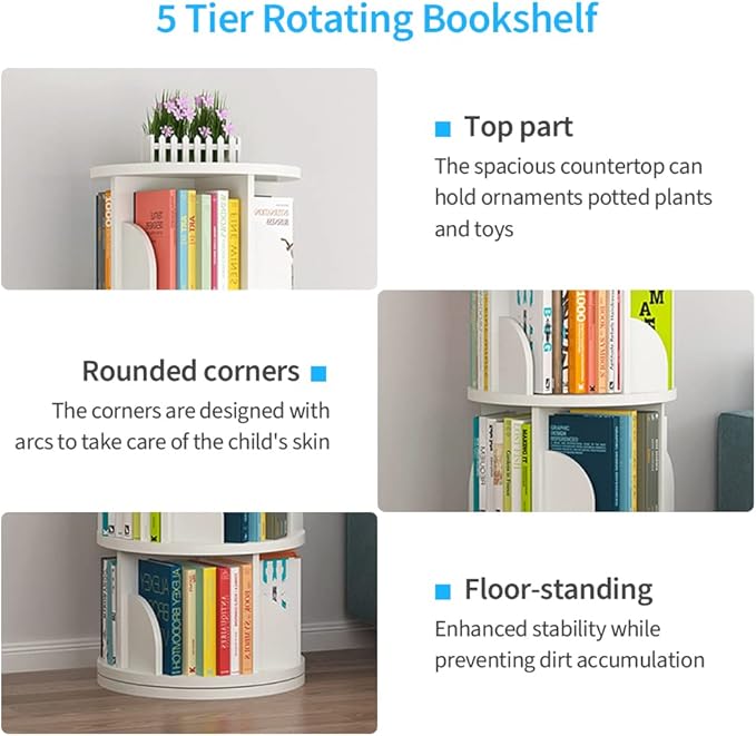 Nisorpa 5 Tier Rotating Bookshelf, 360° Revolving Bookcase Rotating Stackable - Image 5