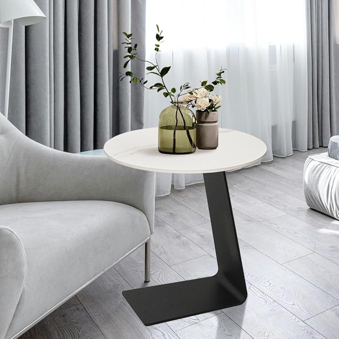 Side Table with Marble Top Metal Black C Shaped End Table Modern Sofa Side End - Image 2