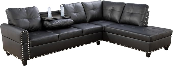 L Shaped Sectional Sofa with Ottoman, Nail-Head Design Leather Right Facing - Image 6