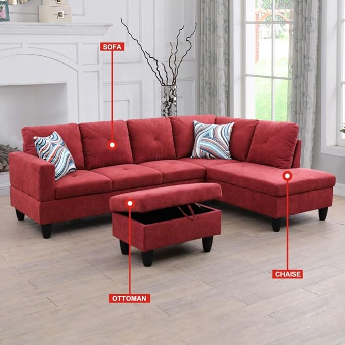 Red L-Shaped 3-Piece Flannelette Sofa - Image 3