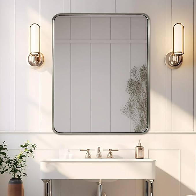 ANDY STAR 40x32 Inch Brushed Nickel Bathroom Mirror, Rounded Rectangle Bathroom - Image 8