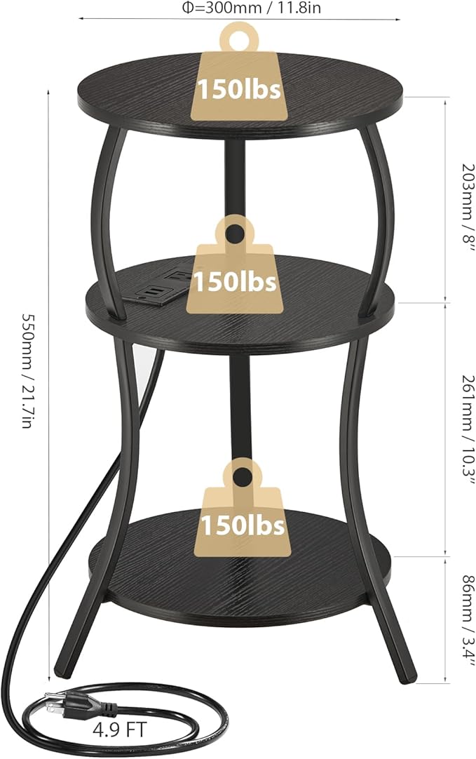 Small Round Side Table with Charging Station, 3-Tier Waist Circular End Table - Image 3