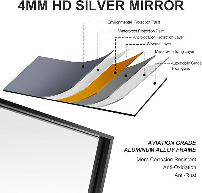 24x36 Inch Black Bathroom Mirror, Copper-Free Mirror, Aluminum Alloy Frame - Image 7